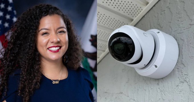 A split image showing a smiling woman with curly hair in front of an American and California flag on the left, and a white dome security camera mounted on a wall on the right.