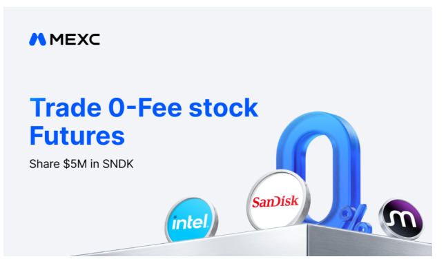 A MEXC promotional banner offers 'Trade 0-Fee stock Futures' with 'Share $5M in $NDK', featuring logos for Intel, SanDisk, and MEXC alongside a large blue padlock graphic.