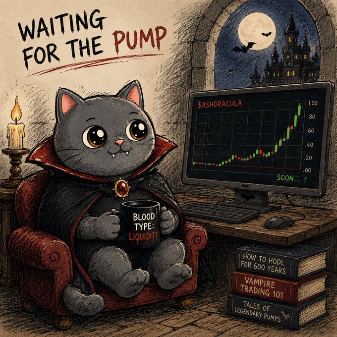 A cartoon vampire cat labeled "BLOOD TYPE: LIQUIDITY" sits in an armchair holding a mug, watching a chart of $ASHDRACULA trending upward under the title "WAITING FOR THE PUMP," with books like "How to HODL for 600 Years" and "Vampire Trading 101" stacked beside a gothic castle in the background.