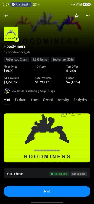 OpenSea mobile listing for the HoodMiners NFT collection by hoodminers_rh on Robinhood Chain, showing a $15.00 floor price, 1,790.17 24H volume, 2,353 items, and a green 'Minting Now' GTD Phase status.