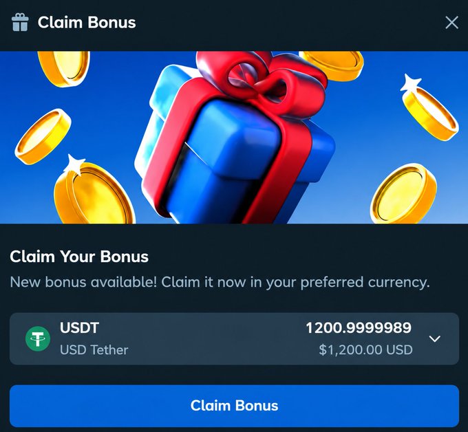 A digital "Claim Bonus" popup shows a blue gift box with a red bow surrounded by gold coins, offering a bonus of 1200.999989 USDT ($1,200.00 USD) to claim. The image ties directly to the post's giveaway announcement, visually representing the $1,200 bonus being offered to 10 lucky Stake users who participate by retweeting, bookmarking, and leaving their username.