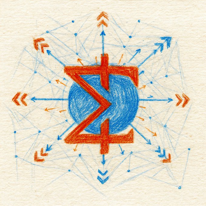 A hand-drawn sketch on textured paper featuring a central blue circle with a red symbol and the letter 'Z' surrounded by arrows and geometric lines in blue and orange.