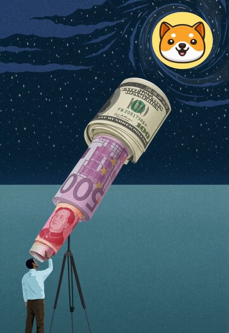 An illustration of a person looking through a telescope made of rolled currency (dollars and euros) toward a Shiba Inu dog moon in the stars.