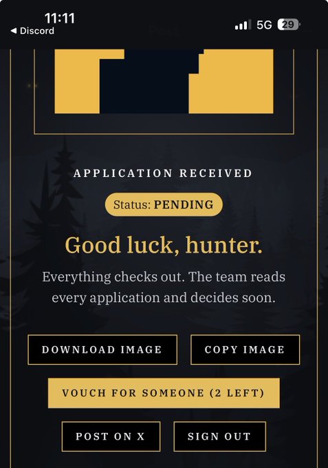 A mobile screenshot showing an 'APPLICATION RECEIVED' confirmation page with 'Status: PENDING' and the message 'Good luck, hunter.' Options include 'DOWNLOAD IMAGE', 'COPY IMAGE', 'VOUCH FOR SOMEONE (2 LEFT)', 'POST ON X', and 'SIGN OUT'.