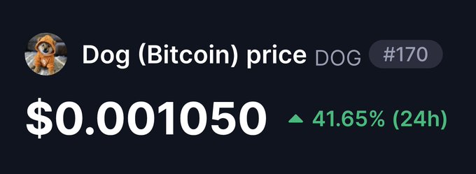A cryptocurrency price display shows "Dog (Bitcoin)" (ticker DOG) ranked #170 at $0.001050, with a 41.65% gain over 24 hours, directly illustrating the post's claim that $DOG is up 41.6% and "blasting off to the moon."