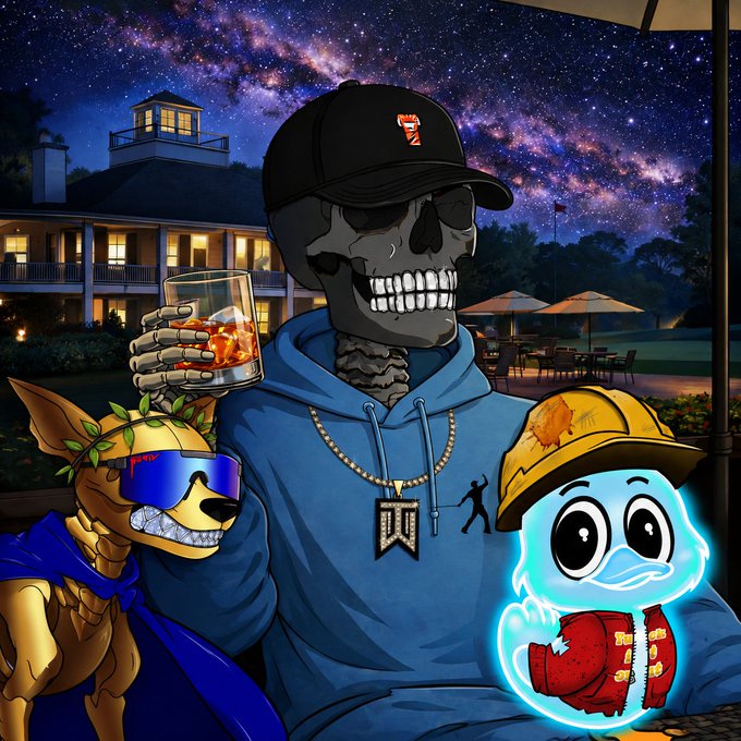 A stylized digital illustration featuring a skeleton in a blue hoodie and black cap holding a drink, accompanied by a golden dog in sunglasses and a glowing blue ghost-like figure, set against a starry night sky.