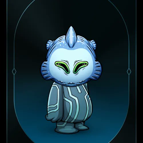 A stylized cartoon character with a blue and white helmet featuring a pointed top, green glowing eyes, and a matching futuristic suit standing against a dark blue background.