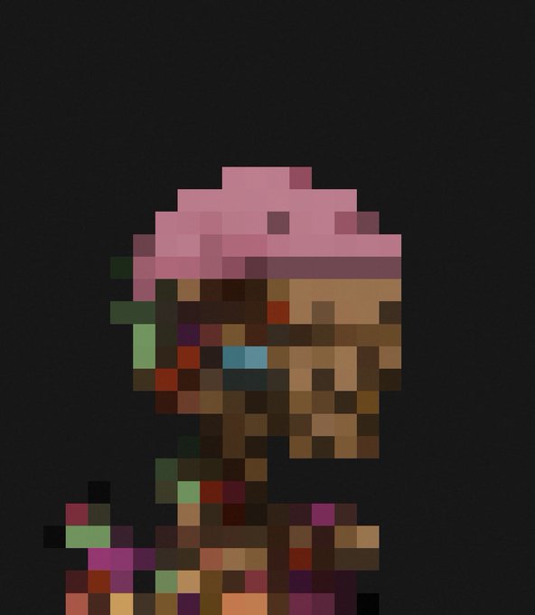 A low-resolution pixel art rendering of a figure, possibly a character from a video game, featuring brown, pink, and blue pixels against a solid dark background.