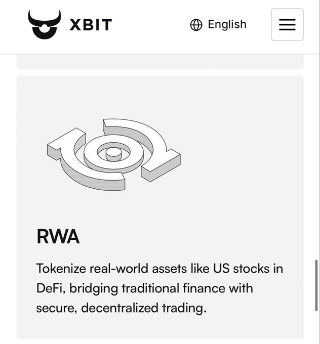 A webpage from XBIT highlighting an 'RWA' section about tokenizing real-world assets like US stocks in DeFi for decentralized trading.