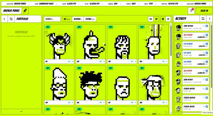 The image shows the Broker Punks NFT marketplace interface (brokerpunks.com) displaying a portfolio of pixel-art character NFTs (punks #821 through #826) on a bright lime green background, with an activity sidebar showing recent sales and bids, and a navigation bar displaying crypto tickers like ETH, BTC, and SHIB. This relates to the post about Broker Punks NFTs and staking rewards, as the dashboard visually represents the user's NFT portfolio used for earning staking incentives.
