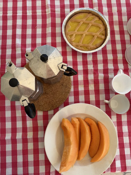 A table covered with a red and white checkered tablecloth, featuring a moka pot on a cork mat, a lattice-topped pie, a plate of sliced papaya, and small white cups.
