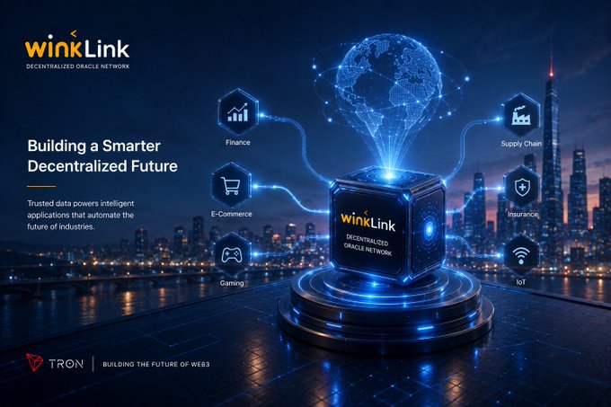 A promotional graphic for WinkLink Decentralized Oracle Network titled 'Building a Smarter Decentralized Future,' featuring a glowing globe on a pedestal connected to icons for Finance, E-Commerce, Gaming, Supply Chain, Insurance, and IoT, with TRON branding and the tagline 'Building the future of Web3.'
