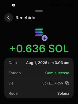 The image shows a mobile wallet screenshot displaying a successful transaction of +0.636 SOL received on August 1, 2026 at 3:03 am, from address 3cFE...7R5y on the Solana network. This serves as proof of one of the consistent payouts mentioned in the post, which celebrates the user's 8th completed withdrawal totaling 4.8885 SOL earned over 5 months.