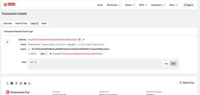 A blockchain explorer (Fuji testnet) showing transaction details for a 'Tier2Issue' event log on address 0xcd859794323bd841f33bb33463328c0e85f421a6.