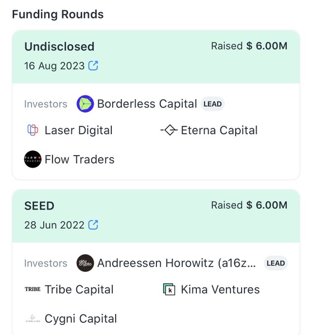 A Funding Rounds summary showing an Undisclosed round raising $6.00M on 16 Aug 2023 led by Borderless Capital with Laser Digital, Eterna Capital, and Flow Traders, plus a SEED round raising $6.00M on 28 Jun 2022 led by Andreessen Horowitz (a16z) with Tribe Capital, Kima Ventures, and Cygni Capital.