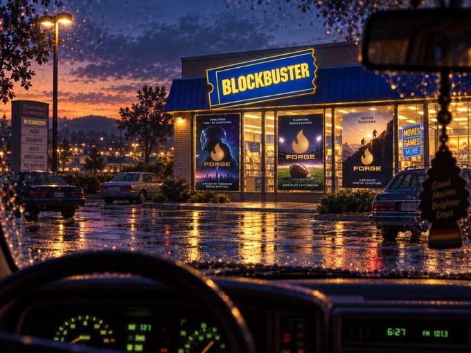 A nostalgic scene of a Blockbuster video rental store at dusk on a rainy evening, viewed through a car windshield, with movie posters for 'FORGE' and 'MOVIES GAMES MORE' visible.