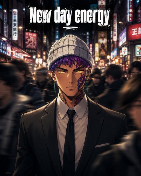 An anime-style illustration of a man with purple hair and glowing yellow eyes, wearing a black suit and beanie, with intricate purple patterns on his face, set against a bustling neon-lit cityscape with the text 'New day energy' above him.