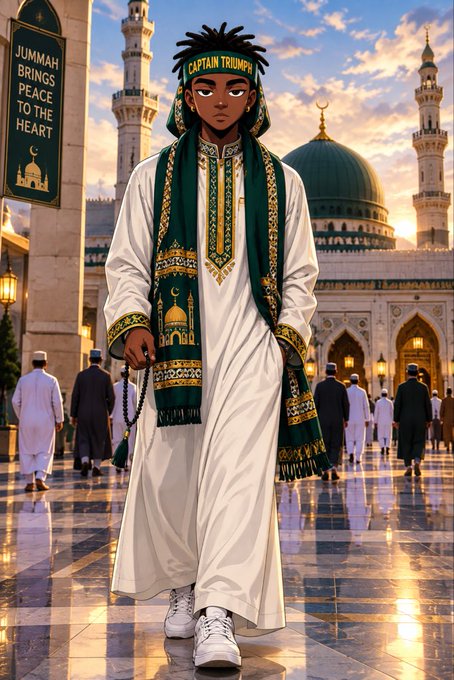 An illustrated character labeled 'CAPTAIN TRUMP' stands in front of a mosque, wearing a green headband, white robes, and a green scarf; a sign reads 'JUMMAH BRINGS PEACE TO THE HEART'.