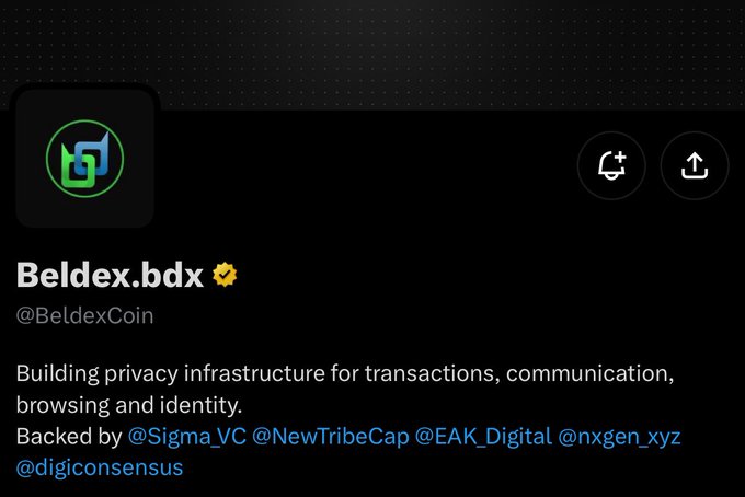 Screenshot of the verified Beldex.bdx (@BeldexCoin) profile, whose bio reads: “Building privacy infrastructure for transactions, communication, browsing and identity. Backed by @Sigma_VC @NewTribeCap @EAK_Digital @nxgen_xyz @digiconsensus.” The image accompanies a post promoting a “Free $30 from @BeldexCoin Airdrop,” credited to @thejasich and Matrix.