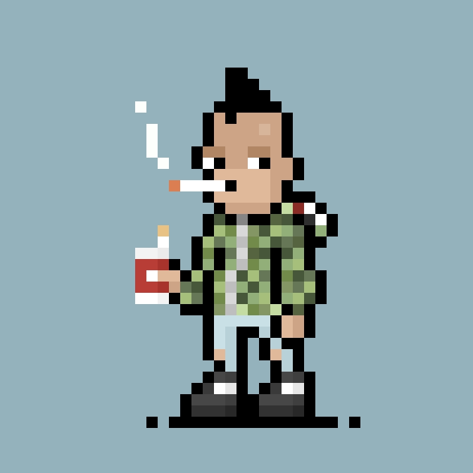 A pixel art character stands smoking a cigarette, holding a red pack, dressed in a green plaid shirt, light jeans, and black shoes against a light blue background.