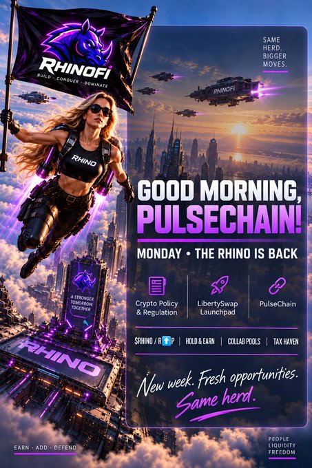 A vibrant promotional poster for 'RHINOFI' on PulseChain, reading 'GOOD MORNING, PULSECHAIN!' and listing features like LibertySwap Launchpad and Crypto Policy.