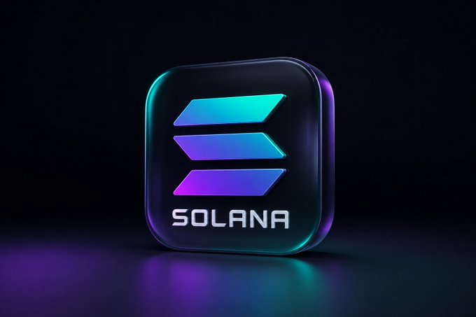 A 3D rendering of the Solana cryptocurrency logo, featuring a black rounded square with teal and purple gradient stripes above the text 'SOLANA' against a dark background.