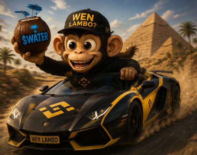 A cartoon monkey wearing a "WEN LAMBO?" hat drives a black and gold Lamborghini through a desert near the pyramids while holding a coconut labeled "$WATER" with small umbrellas, whimsically embodying the post's playful crypto hype around the $WATER token and its community-driven "Forbidden Oasis" project.