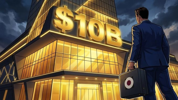 A digital illustration of a businessman in a blue suit carrying a briefcase, standing before a massive golden building displaying '$10B' in large illuminated letters.