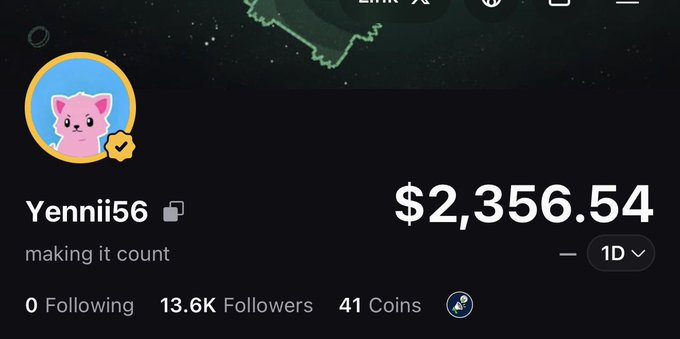 The image shows the profile "Yennii56" with the bio "making it count," displaying $2,356.54 in earnings, 13.6K followers, and 41 coins, aligning with the post's mention of reaching 13K followers and daily trading profits.