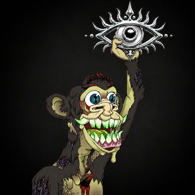 A grotesque, fanged monkey-like creature raises a glowing eye emblem high into the air, symbolizing the search for the mystical "grail" referenced in the post. The creature's triumphant pose and sacred relic visually embody the cryptic message about "the passage" awaiting discovery, paired with the promotional tags "@0xNTRPY" and "@OnePercentPH."