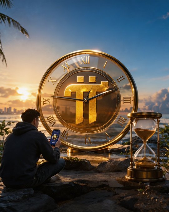 A digital art composition showing a person sitting on rocks at sunset holding a phone with the Pi Network logo, facing a giant golden clock face also displaying the Pi (π) symbol, alongside an hourglass.