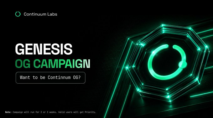 A promotional banner for "Continuum Labs" advertising a "GENESIS OG CAMPAIGN" with the tagline "Want to be Continuum OG?" featuring a glowing green octagonal logo design.