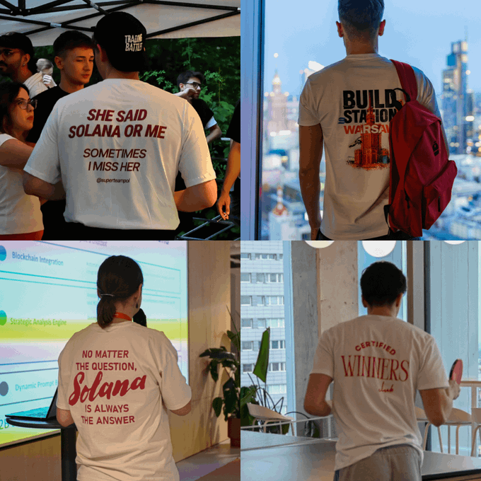 A collage of four images showing people wearing white t-shirts with text including 'SHE SAID SOLANA OR ME', 'BUILD STATION WARSAW', 'Solana IS ALWAYS THE ANSWER', and 'CERTIFIED WINNERS'.