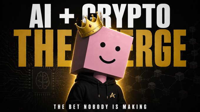 The image features a cartoon character wearing a crown and holding a pink cube with a smiley face on it. The caption of the image reads "AI + Crypto = The Bet Nobody Is Making". This phrase refers to an AI agent that is taking over Bitcoin infrastructure, which has been gaining attention recently due to its value and potential for anonymity in transactions.