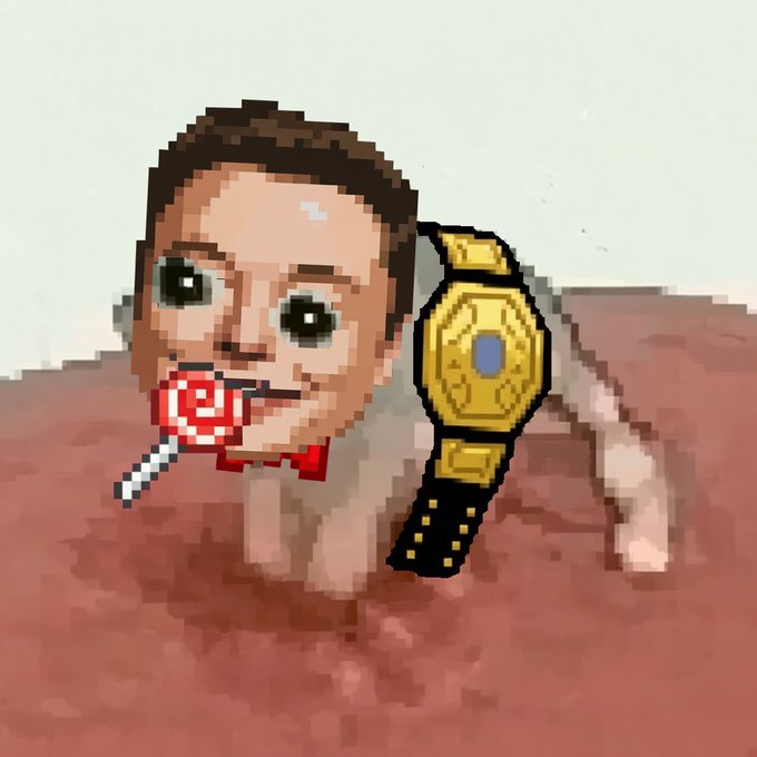 A pixelated cartoon baby with brown hair sucks on a red and white lollipop while wearing a championship belt, depicted lying on a brown surface.