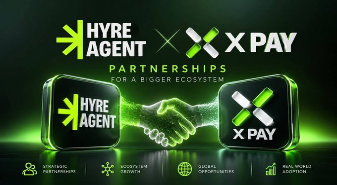 A partnership announcement graphic featuring the "HYRE AGENT" and "X PAY" logos flanking a glowing green handshake, with text reading "PARTNERSHIPS FOR A BIGGER ECOSYSTEM" and highlighting "Strategic Partnerships, Ecosystem Growth, Global Opportunities, and Real World Adoption." The image visually reinforces the post's message about collaboration between Hyre Agent and X Pay to unlock new opportunities together.