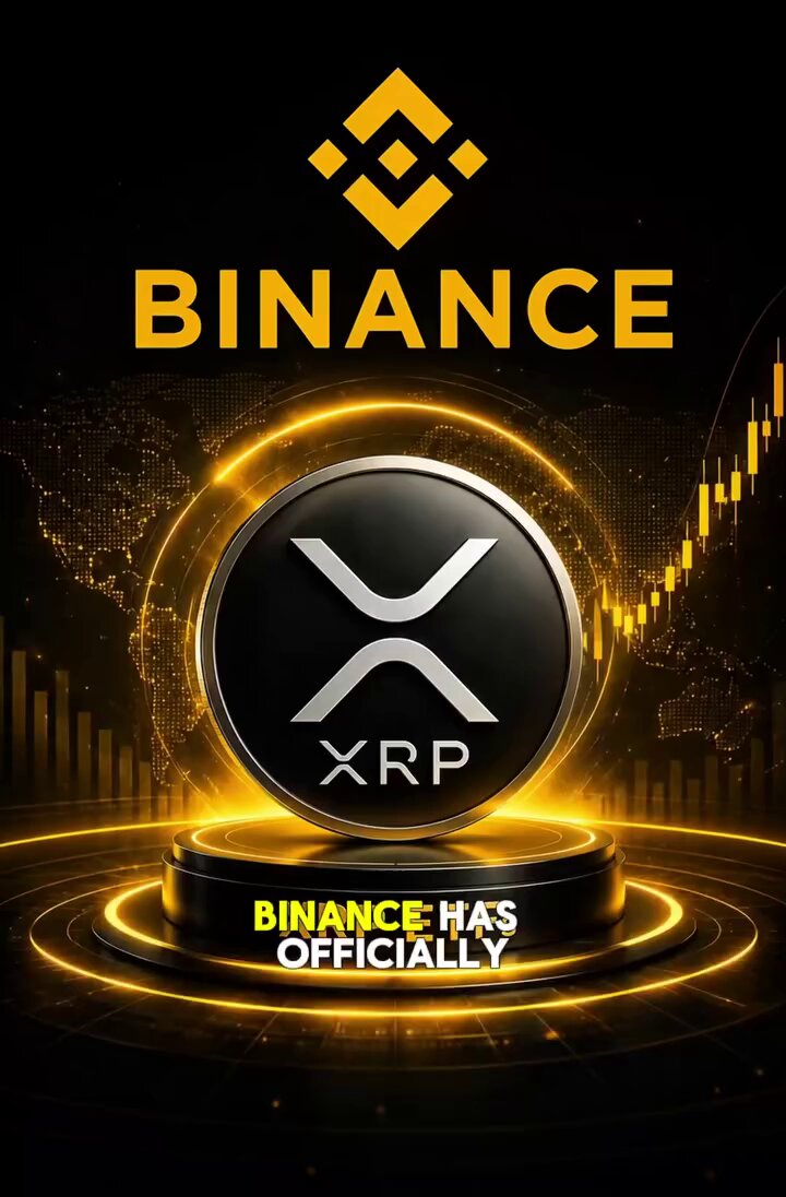 The image features a poster with a Bitcoin symbol, surrounded by yellow lights that create an illusion of a black background. The poster also includes text about Bitcoin and XRP ETFs, stating that Binance has officially listed nine XRP ETFs on its platform. This expansion of global access to regulated investment products tied to XRP is driving institutional adoption as demand for XRP exposure grows worldwide.