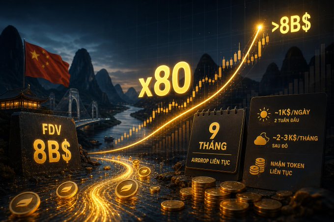 A dramatic promotional graphic depicting the River crypto project, featuring a Chinese flag, ascending golden chart with "x80" and ">8B$" text, alongside a calendar marking "9 THÁNG AIRDROP LIÊN TỤC" and earnings details of "~1K$/NGAY 2 TUẦN ĐẦU" and "~2-3K$/THÁNG SAU ĐÓ," visually reinforcing the post's claim about River's 80x price surge from an $8 billion FDV and the substantial airdrop earnings some Vietnamese users enjoyed.