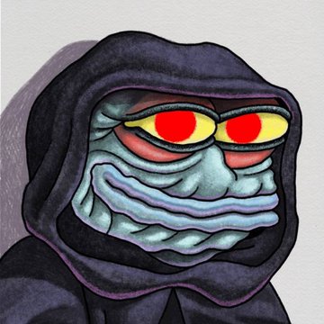 An illustration of a hooded figure with pale greenish skin, glowing red eyes, and a wide, unsettling grin, depicting the "Dork Lord" character. The creepy, menacing artwork serves as the mascot for the $DORK memecoin, which Matt Furie has reportedly followed on X.