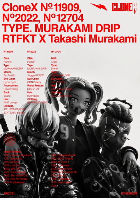 A promotional poster for 'CloneX N°11909, N°2022, N°12704 TYPE. MURAKAMI DRIP' featuring a collaboration between RTFKT and Takashi Murakami, displaying three stylized 3D cartoon avatars with detailed DNA specifications and accessory lists in red text on a black background.