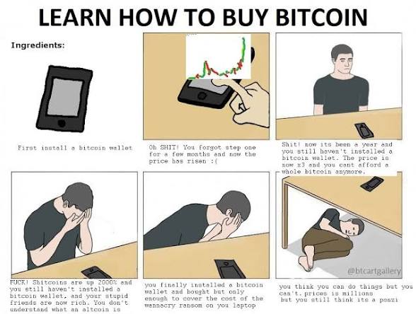 A six-panel comic titled "LEARN HOW TO BUY BITCOIN" humorously illustrating the steps from installing a bitcoin wallet to discovering that you still haven't actually bought any bitcoin.