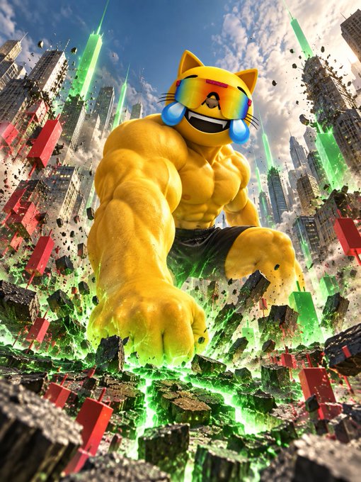 A muscular, anthropomorphic yellow cat wearing sunglasses and black shorts smashes through a city landscape, causing debris and green energy to erupt around it.