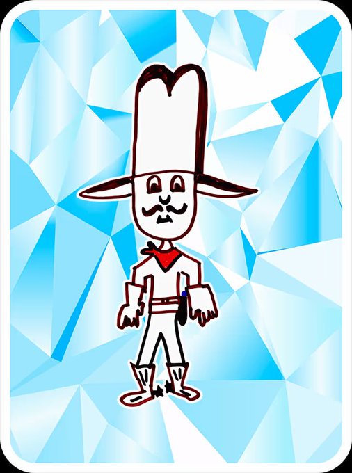 A cartoon cowboy character with a large white hat, mustache, red bandana, and chaps, drawn in a sketchy style against a blue geometric background.