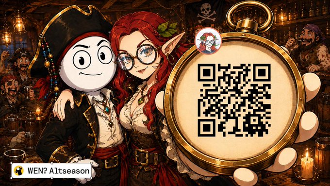 The image is a pirate-themed promotional graphic featuring a cartoonish white figure in a pirate hat alongside a red-haired woman with glasses, both set against a tavern backdrop with a skull-and-crossbones flag and additional pirate characters. A large gold pocket watch dominates the right side, displaying a QR code with the "WEN Altseason" logo, while a candle illuminates the bottom right corner. In the lower left, a banner reads "WEN? Altseason," tying the artwork to the post's invitation for founders and marketers to join a community via the QR code or Telegram link for discussing GTM strategies during the pre-TGE phase.