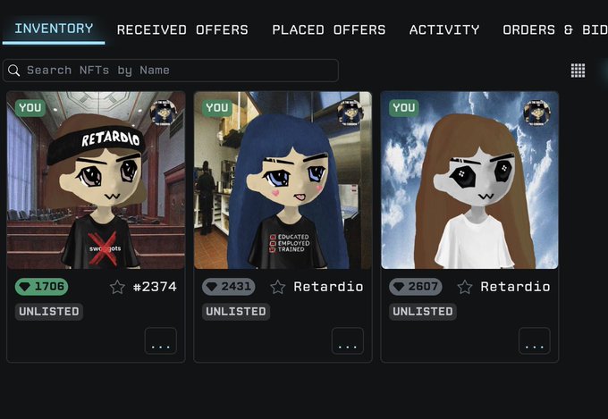 An NFT inventory screen displays three 'Retardio' collectibles with character avatars, prices (1706, 2431, 2607), and 'UNLISTED' status.