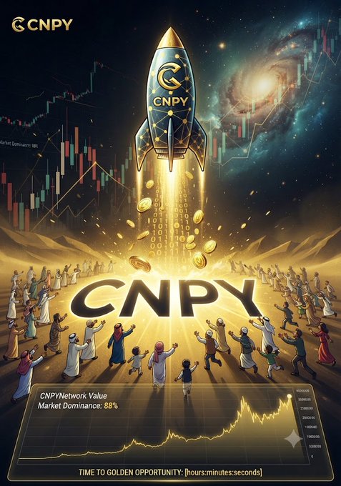 A promotional graphic for 'CNPY' featuring a rocket ship launching into a cosmic background with financial charts, gold coins, and crowds of people below, displaying text including 'CNPY Network Value', 'Market Dominance: 88%', and 'TIME TO GOLDEN OPPORTUNITY: [hours:minutes:seconds]'.