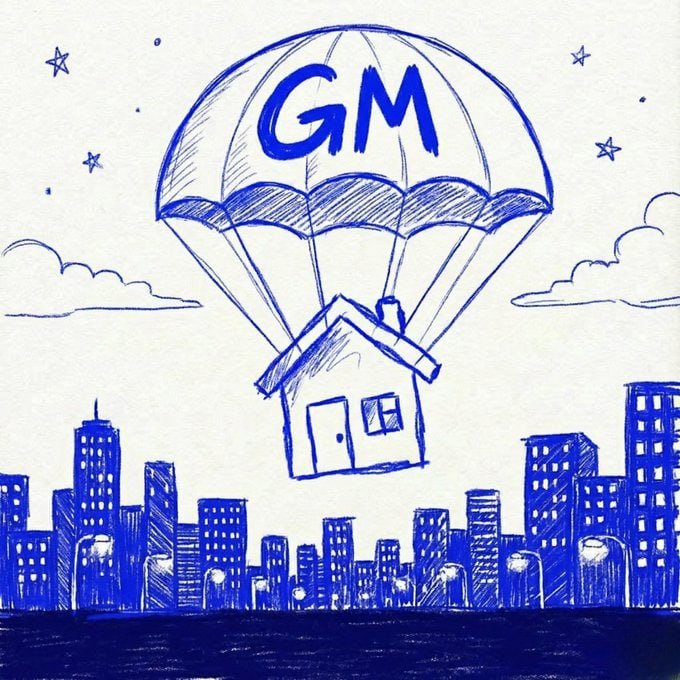 A blue ink doodle showing a parachute labeled 'GM' lowering a house over a city skyline at night.