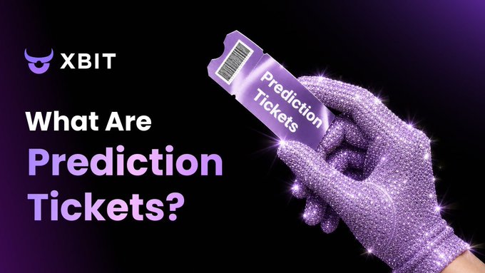 The image features a person holding up a purple ticket that says "Prediction Tickets" written in white text. The person's hand is visible, with their fingers spread out as they hold the ticket. The background of the image is black, which contrasts with the vibrant purple color of the ticket and makes it stand out more.