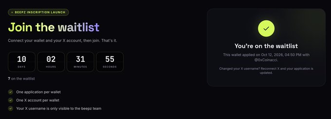 A webpage titled 'BEEZP INSCRIPTION LAUNCH' invites users to 'Join the waitlist', showing a countdown timer and a confirmation message stating 'You're on the waitlist' for wallet 0xComalco.