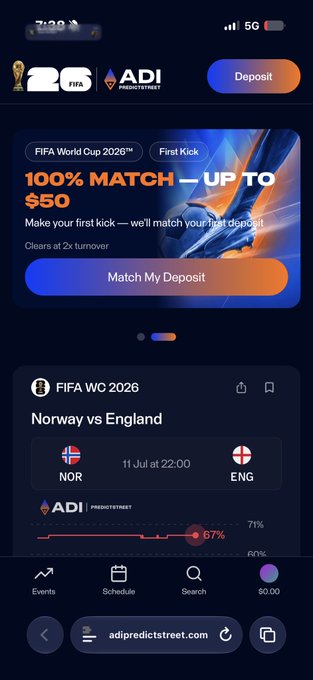 A screenshot of the ADI PredictStreet mobile website showing a FIFA World Cup 2026 promotional offer with a 100% deposit match up to $50, alongside a FIFA WC 2026 match between Norway and England on 11 Jul at 22:00. The promotional banner directly illustrates the post's deposit-matching bonus offer advertised on the betting platform.